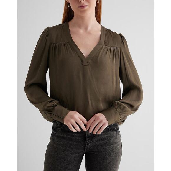 Express Tops - Express Women's Satin V-Neck Cuff Sleeve Top Olive Green Size XS - NWT $58